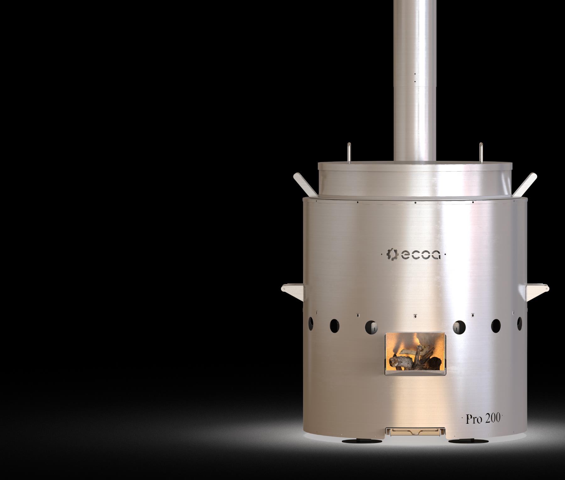 ECOA Pro 200 stainless steel stove-pot with lit firebox and chimney