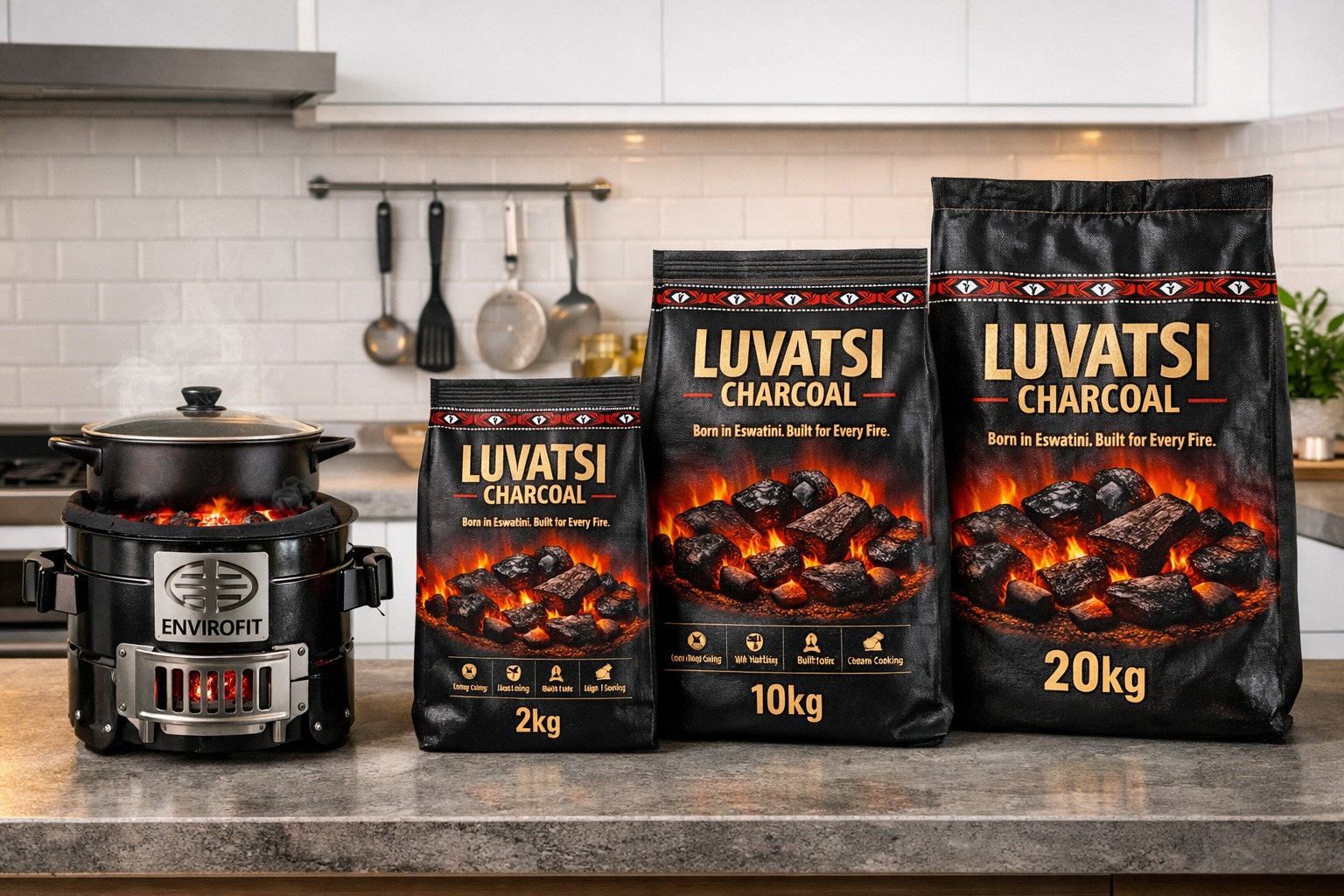 Luvatsi charcoal 2 kg, 10 kg and 20 kg bags beside an Envirofit stove on a kitchen counter